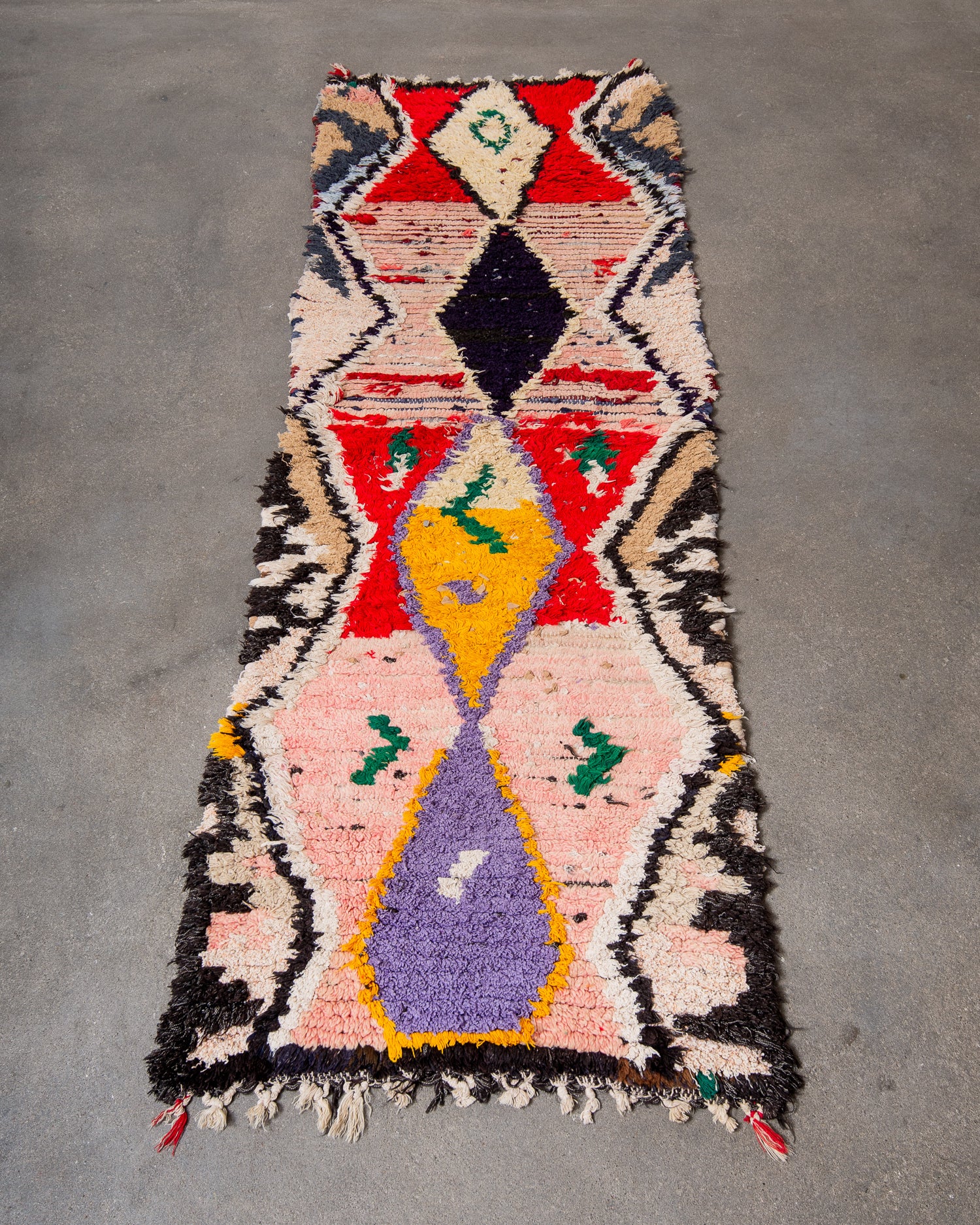 Modern, designer, handcrafted Berber runner rug from Morocco. Vintage carpet with beautiful colours and patterns and fluffy texture.